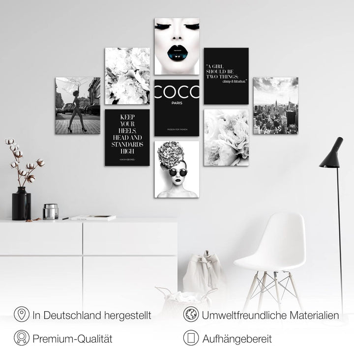 Novart Wandbilder Fashion - KOMPLETT AUFHÄNGFERTIG - Schwarz Weiss Wohnzimmer Mädchen Teenager- 9 Mo
