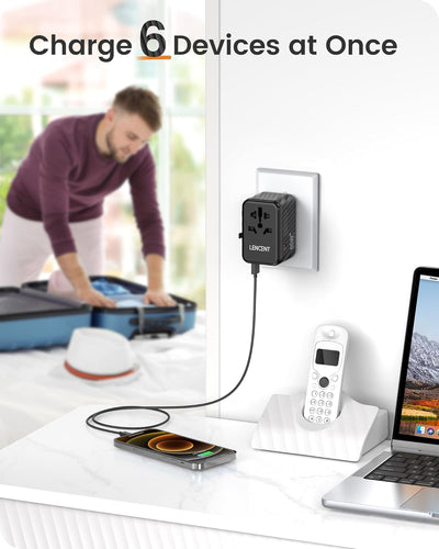 LENCENT Internationaler Reiseadapter, 65W GaN3 Universeller Adapter mit 2 USB A+3 Typ C PD, Weltweit