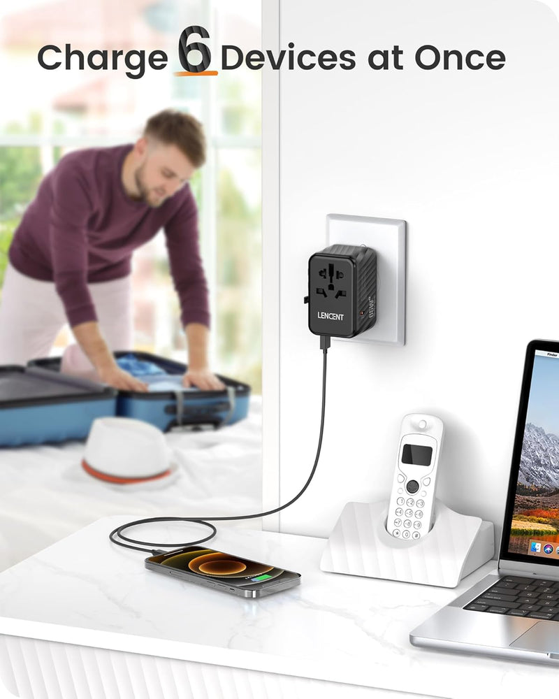 LENCENT Internationaler Reiseadapter, 65W GaN3 Universeller Adapter mit 2 USB A+3 Typ C PD, Weltweit