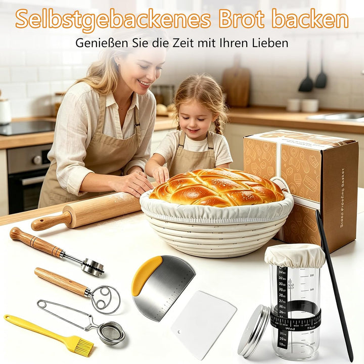 Sauerteig Starter Set mit Gärkorb, Gärglas und Brotbackzubehör | Brotbackset Mit Gärkörbchen 23CM mi