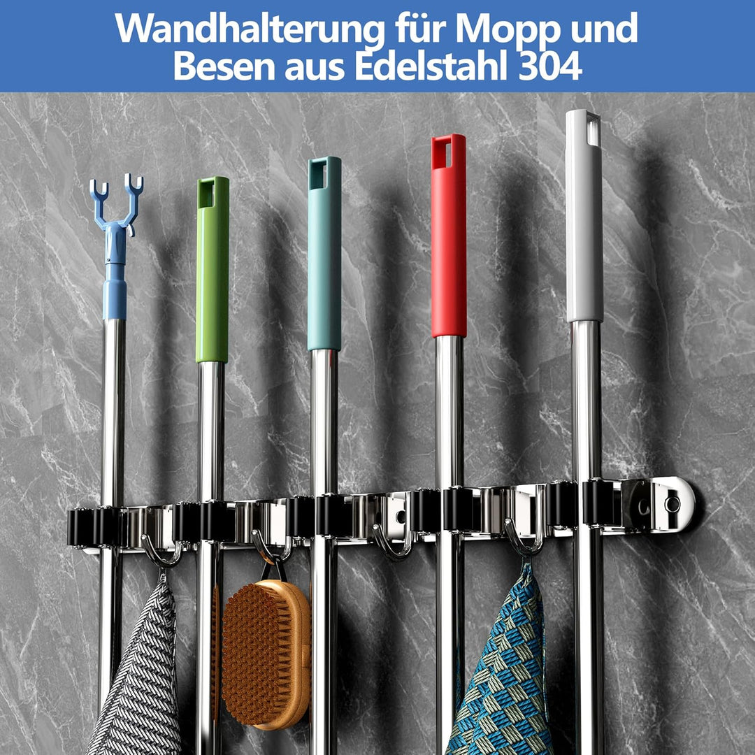 Besenhalter Wandmontage mit 5 Halterungen und 4 Haken mit Nägeln Installation Hauswirtschaftsraum Au