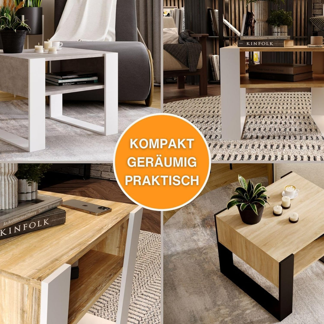 CraftPAK Wohnzimmer Tisch für Couch aus hochwertigem Holz, Stabiler & moderner Couchtisch mit zusätz
