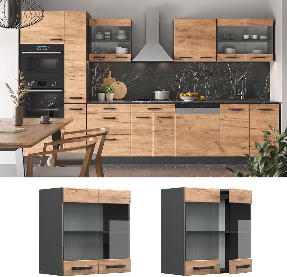 Vicco Küchenschrank Glas R-Line, Goldkraft Eiche/Anthrazit, 60 cm Goldkraft Eiche Hängeglasschrank 6