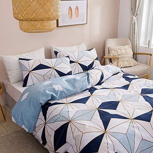 Luofanfei Bettwäsche Set 155x220 Microfaser Bettbezug Blau Weiss 3teilig Dunkelblau Weiss Kariert Ei