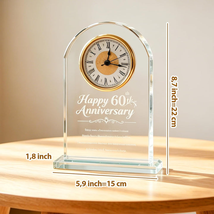 Hoypeyfiy Romantische Kristall Tischuhr, Elegante Glas Uhr für das 60. Hochzeitsjubiläum Geschenk, D