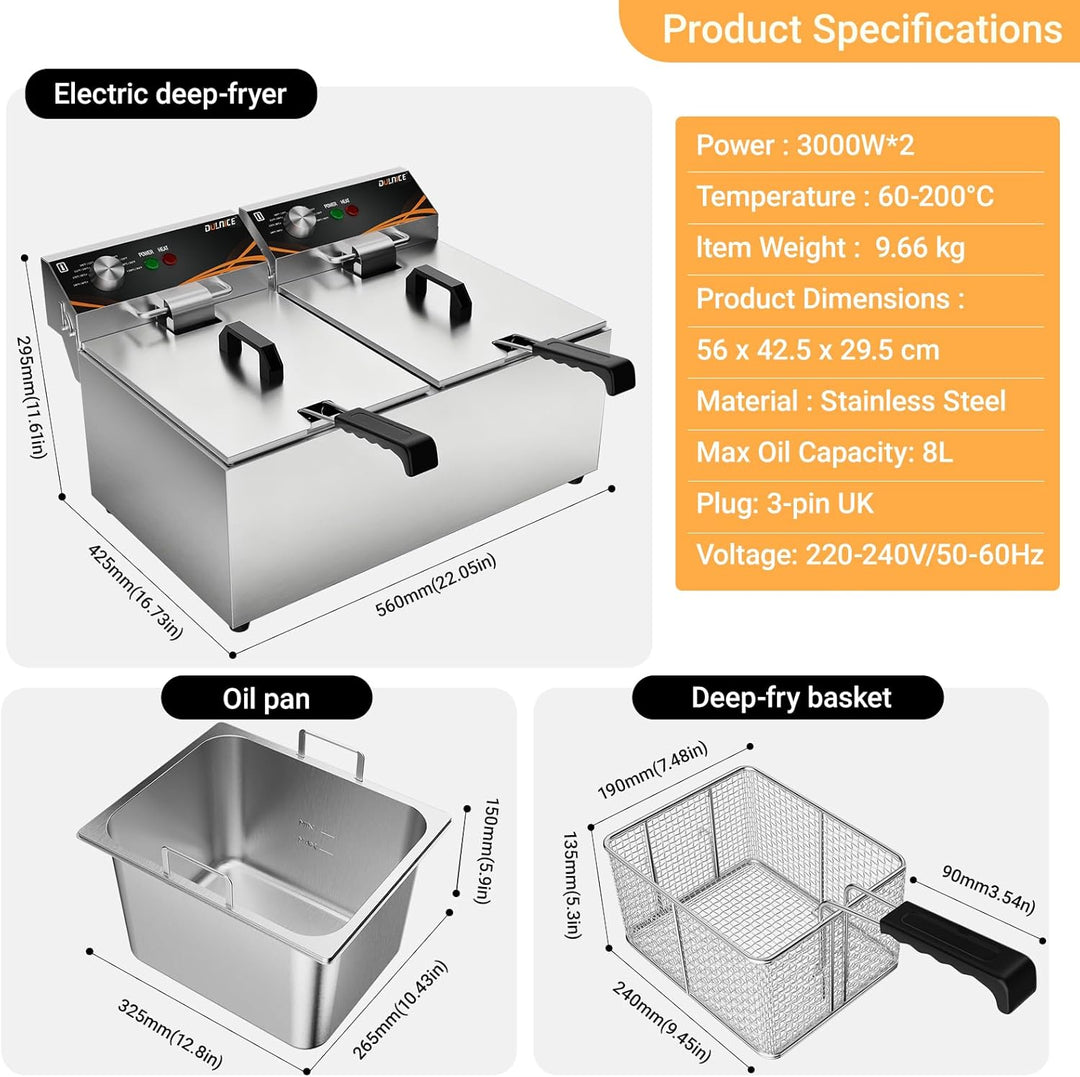 16L Doppelfriteuse Gastro, 2x3000W Edelstahl Elektrische Friteuse Temperaturbereich 60°C-200°C für G