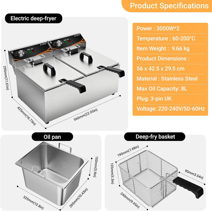 16L Doppelfriteuse Gastro, 2x3000W Edelstahl Elektrische Friteuse Temperaturbereich 60°C-200°C für G