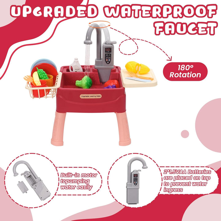 Spielspüle Kinder,Küchenspüle Spielzeug Set mit Wasserkreislauf, Elektrischem Wasserhahn,Rollenspiel