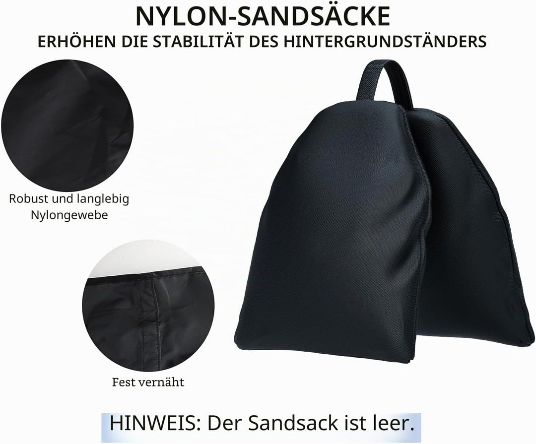 Vevelux 2.6 x 3 M Foto Hintergrund Ständer, Verstellbarer Hintergrundsystem mit 4 Klammer, 2 Sandsac