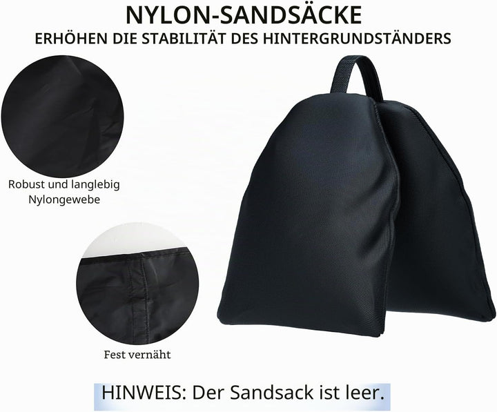 Vevelux 2.6 x 3 M Foto Hintergrund Ständer, Verstellbarer Hintergrundsystem mit 4 Klammer, 2 Sandsac