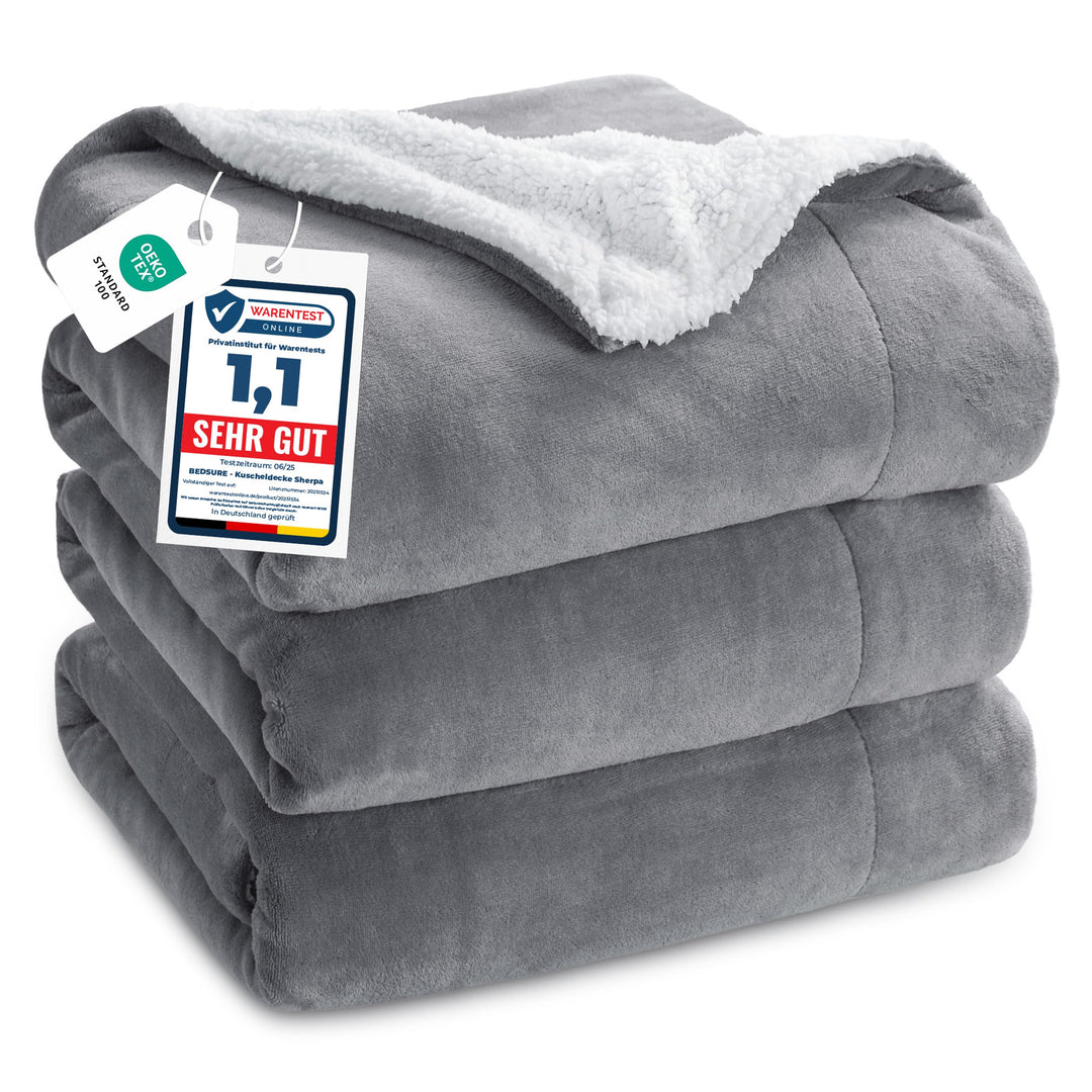 BEDSURE Decke Sofa Kuscheldecke Grau - warm Sherpa Sofaüberwurf Decke gross, Dicke Sofadecke Couchde