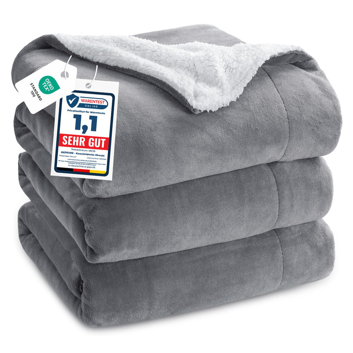 BEDSURE Decke Sofa Kuscheldecke Grau - warm Sherpa Sofaüberwurf Decke gross, Dicke Sofadecke Couchde