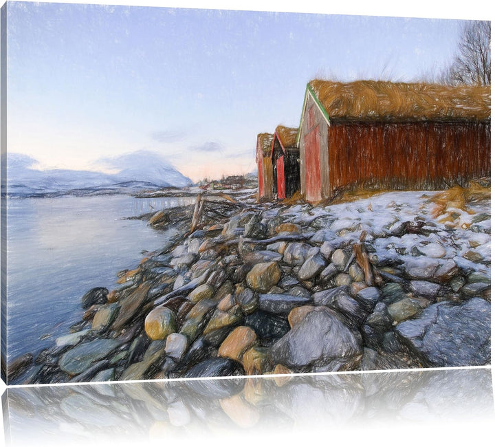 Pixxprint Küste der norwegischen See Tromso Kunst Buntstift Effekt, Format: 100x70 auf Leinwand, XXL