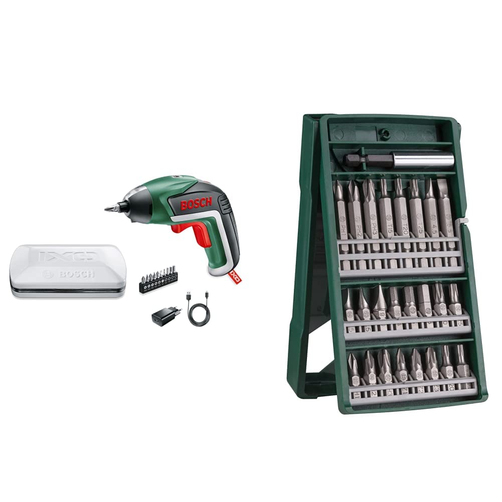 Bosch Akkuschrauber IXO (5. Generation, in Aufbewahrungsbox), Klassisch grün + Bosch 25tlg. Mini-X-L