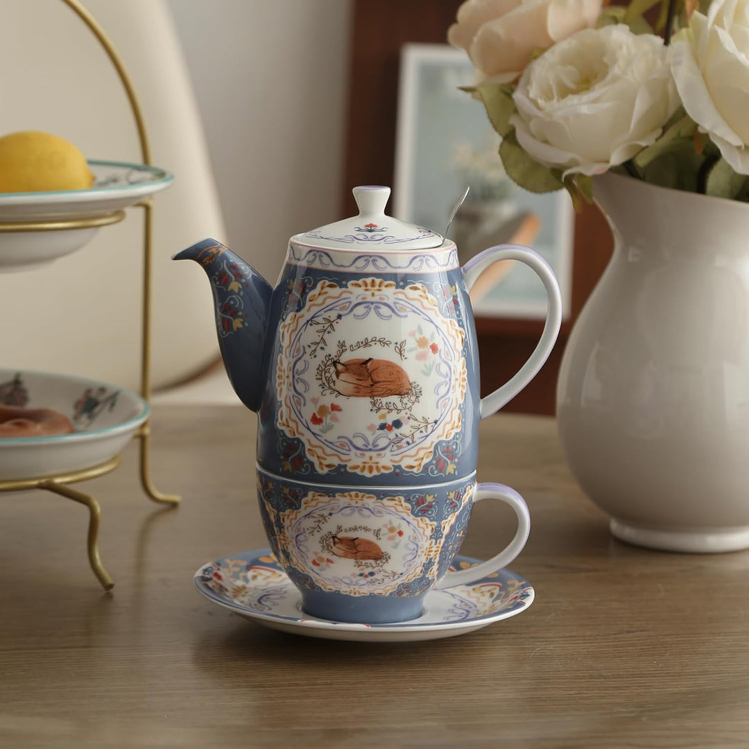 London Pottery Teekannen-Set aus Knochenporzellan, Teekanne und Servierset für einen, Tiermuster, Te