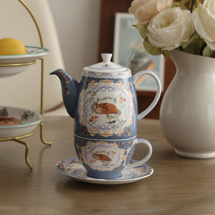 London Pottery Teekannen-Set aus Knochenporzellan, Teekanne und Servierset für einen, Tiermuster, Te