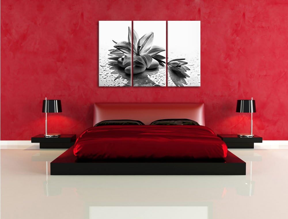 Pixxprint Monocrome, Düstere Lilie mit Zen Steinen 3-Teiler Leinwandbild 120x80 Bild auf Leinwand