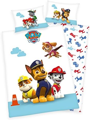 3 TLG. Baby Bettwäsche Paw Patrol - renforcé 100x135 cm + 40x60 cm + 1 Spannbettlaken in weiss 70x14