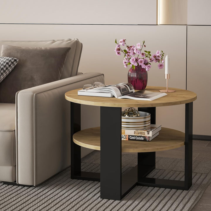 defiPad Couchtisch rund Eiche Ø70 cm - Beistelltisch mit Ablage - 2 Ebenen, runder moderner Kaffeeti