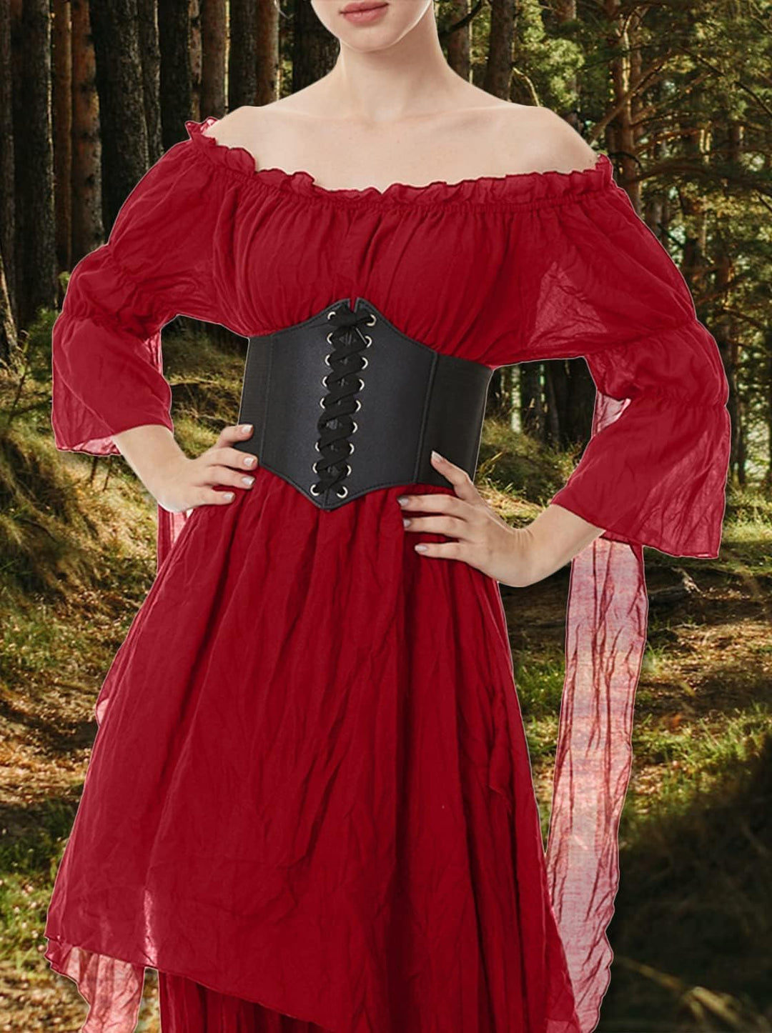 Halloween Kostüm Damen Mittelalter Renaissance Kleidung mit Korsett Gürtel Retro Maxikleid Viktorian