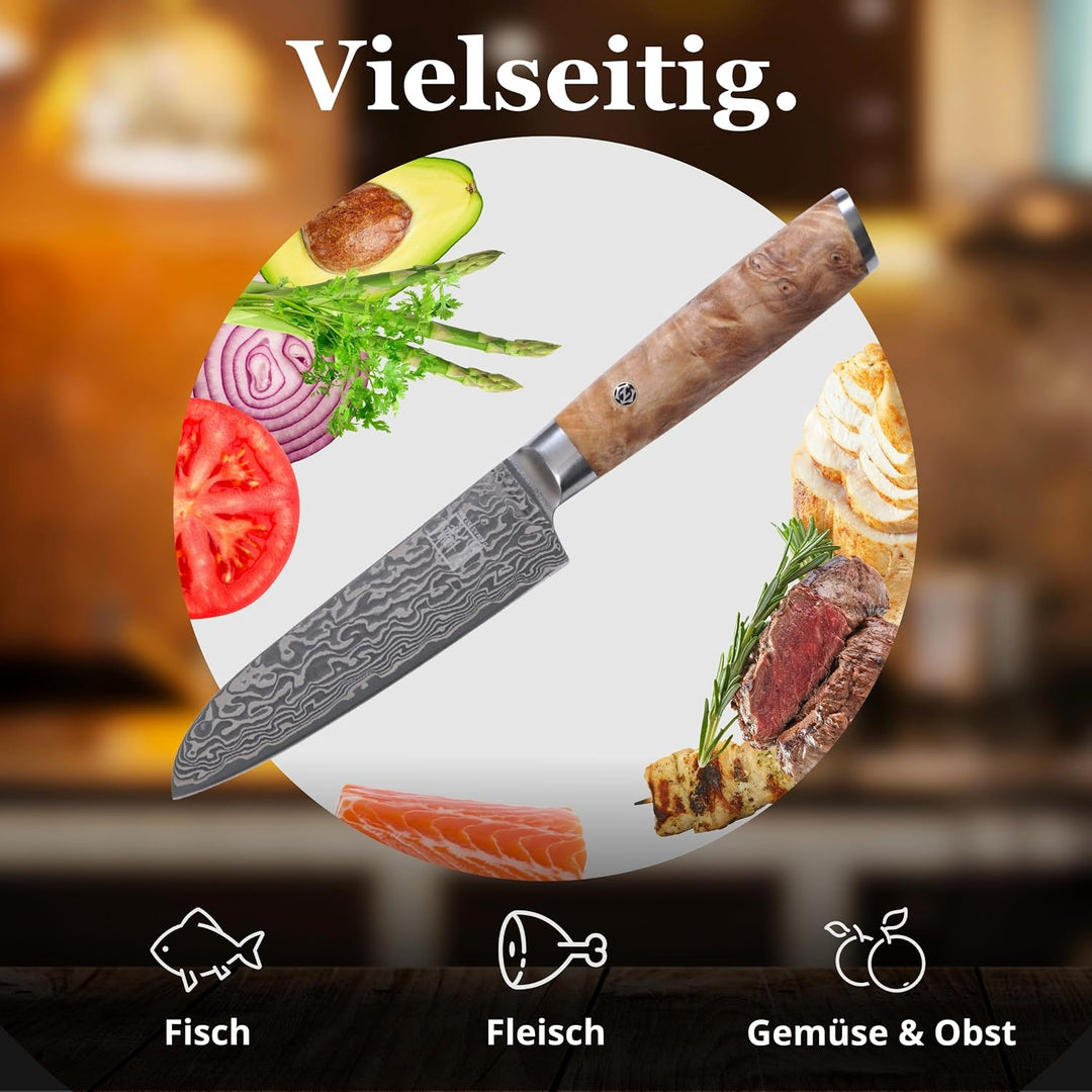 zayiko Kinone Premium Kleines Santokumesser - 12 cm Klinge, 67 Lagen Damaststahl, ergonomischer Birk