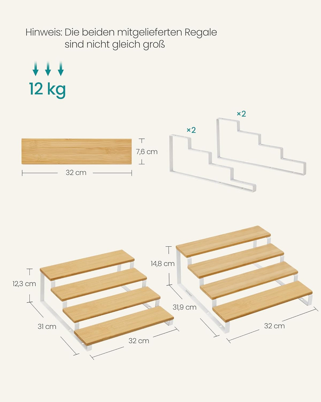 SONGMICS Gewürzregale, Küchenregale stehend, Küchen-Organizer, 2er Set, Holzwerkstoff, je 4 Ablagen,