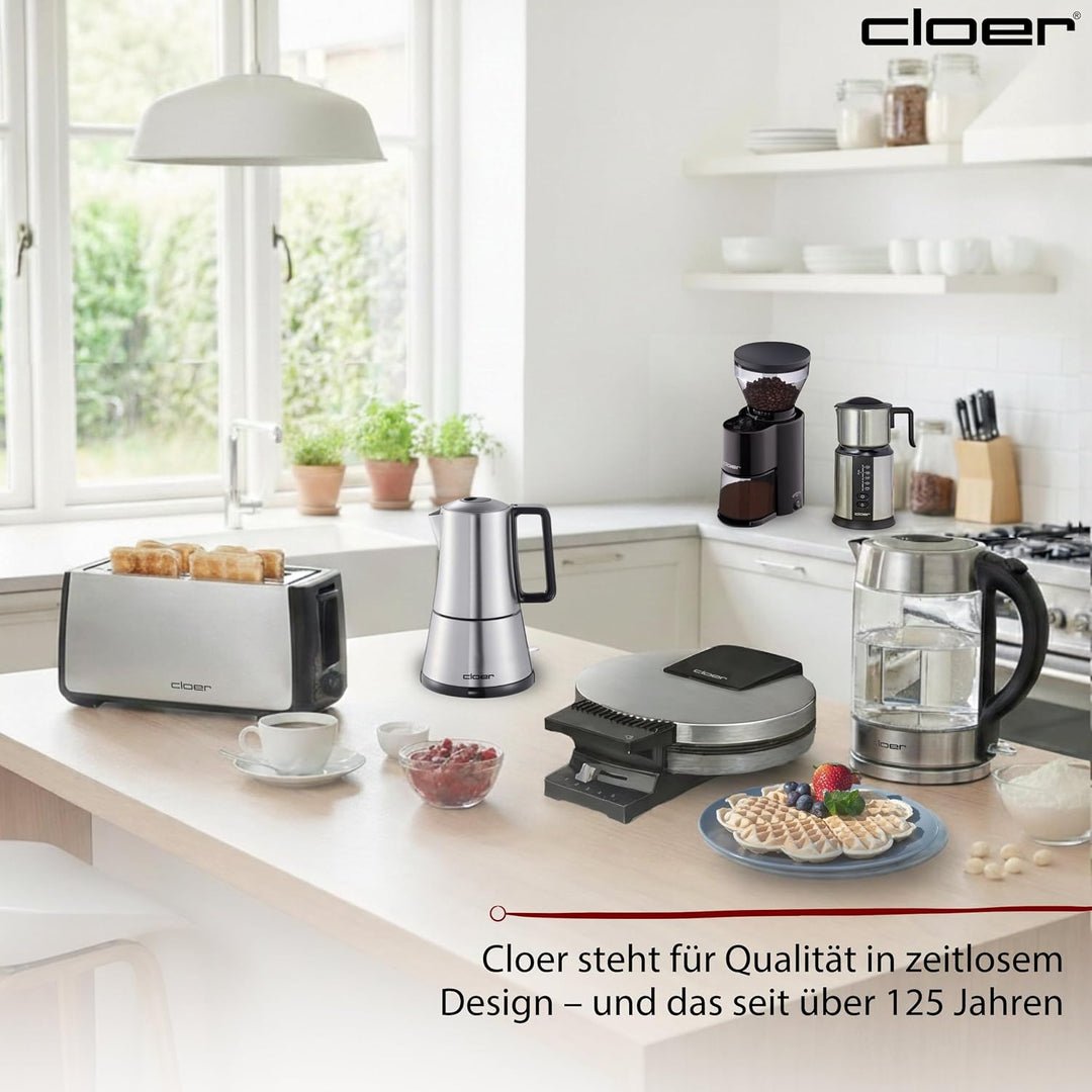 Cloer 5918 Moka Maker, "Espressokocher", 3-4 Tassen, Edelstahleinsatz, Sicherheitsabschaltung, Siche