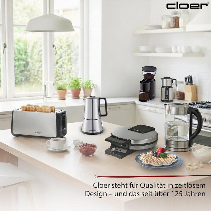 Cloer 5918 Moka Maker, "Espressokocher", 3-4 Tassen, Edelstahleinsatz, Sicherheitsabschaltung, Siche