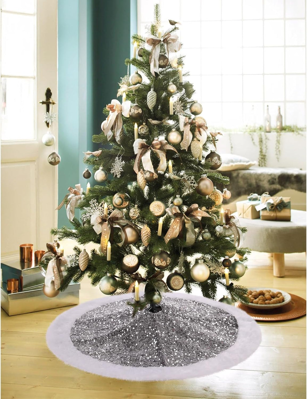KONVINIT Grau Weihnachtsbaumdecke Rund Pailletten Christbaumdecke Luxus Weihnachtsbaumrock Weihnacht