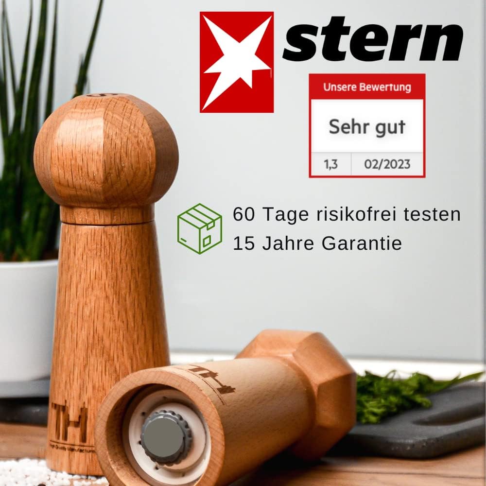Profi Salz und Pfeffermühle Set - patentiertes Keramikmahlwerk - inkl. Untersetzer &amp; Reinigungspinse