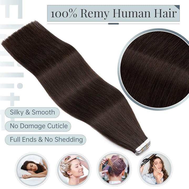 Elailite Extensions Echthaar Tape #2 Dunkelbraun, 20 Stück/Packung Real Human Hair, 35cm Indian Haar