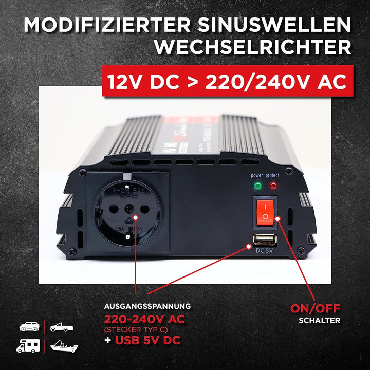 Schumacher INV 600 Spannungswandler Modifizierter Sinus-Wechselrichter 12V DC > 230V AC - Dauerleist