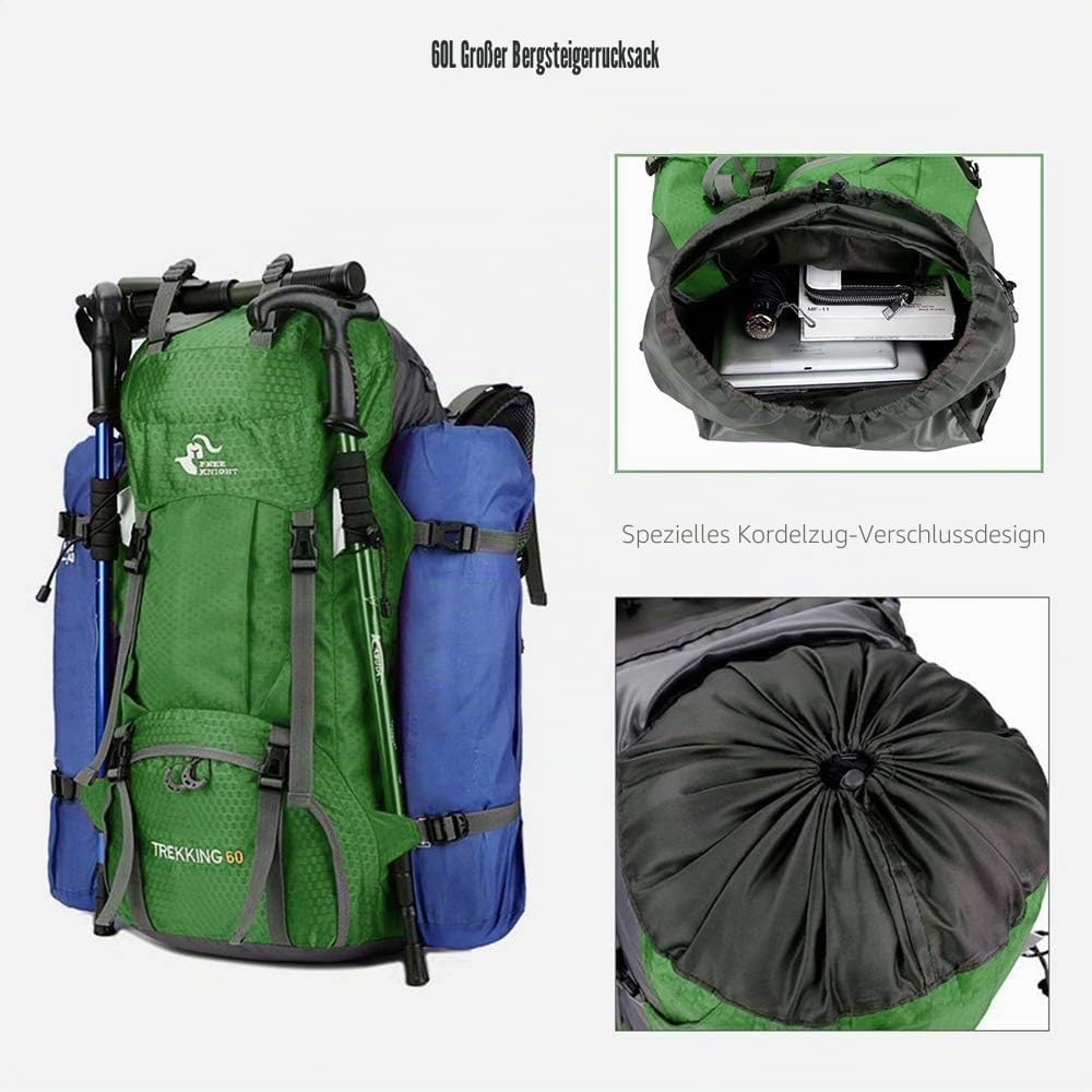Bseash 60L Wasserdichter leichter Wanderrucksack mit Regenschutz, Outdoor Sport Tagesrucksack Multif