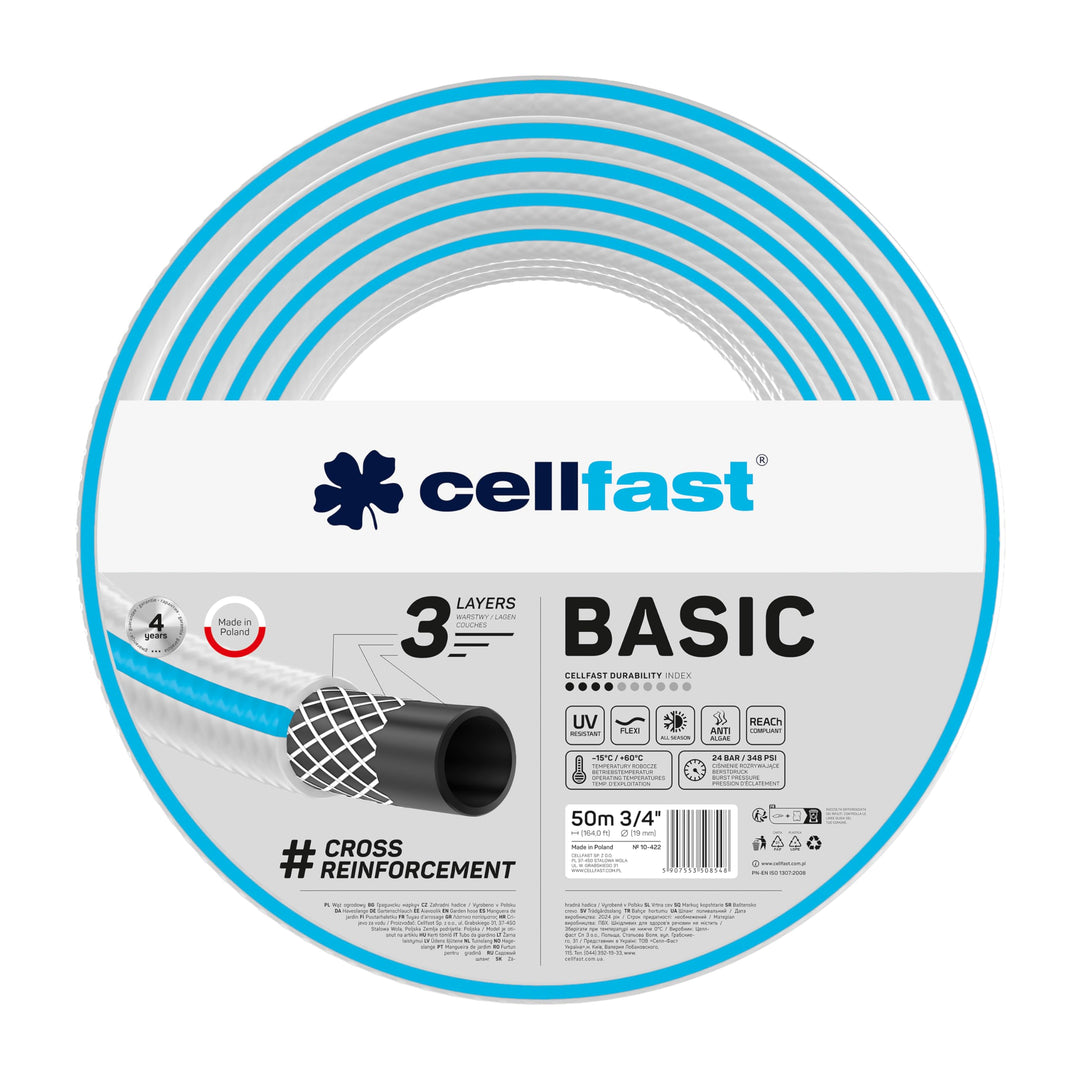 cellfast Gartenschlauch BASIC 3-lagiger Schlauch mit dauerhafter Verstärkung aus Garn höchster Quali