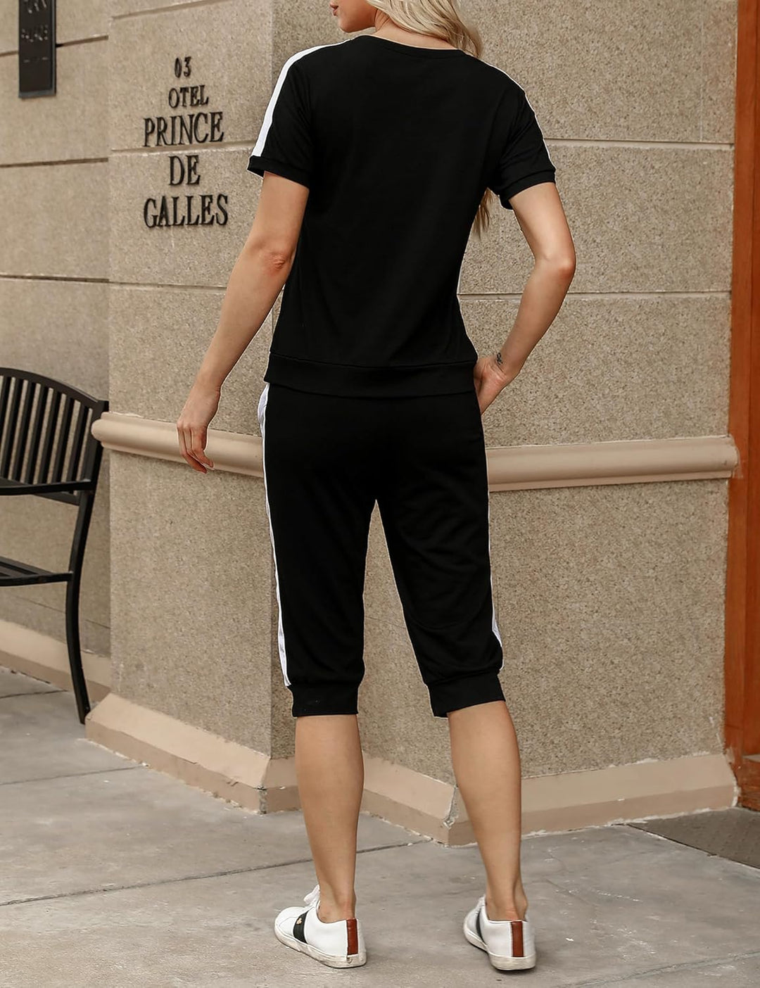 Aottori Jogginganzug Damen Set Rundhals Kurze Ärmel Trainingsanzug Zweiteiler Elegant Hausanzug Frei