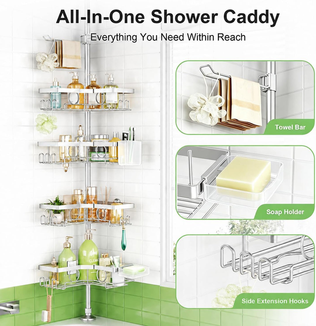 Teleskop Duschablage ohne Bohren, Duschregal Badezimmer Organizer, 4-Stufiges Teleskopregal Bad Eckr
