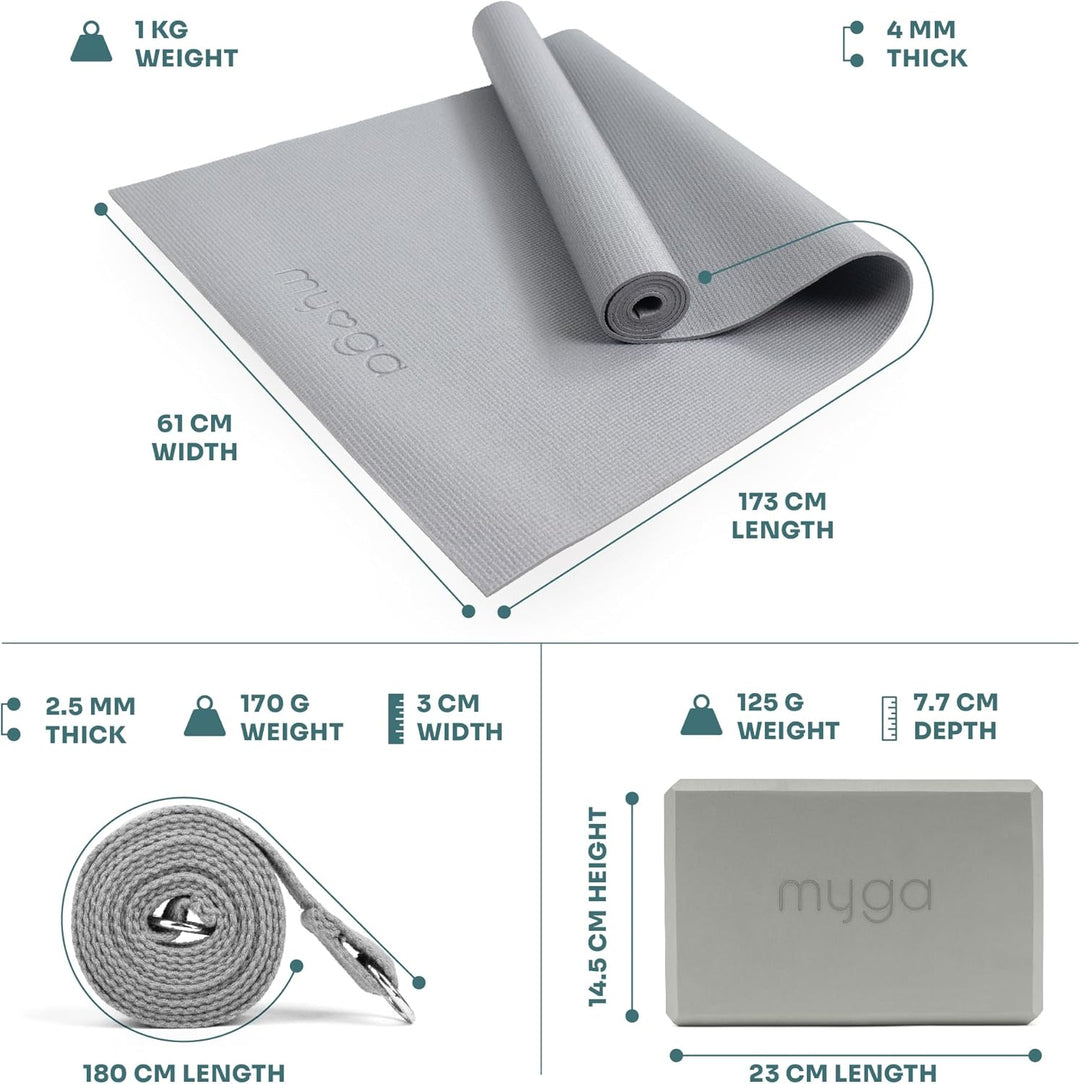 Myga Yoga-Starter-Set – Yogamatte, 2 Yoga-Blöcke und Yogagurt – Starter-Set mit Matte, 2 Steinen & M