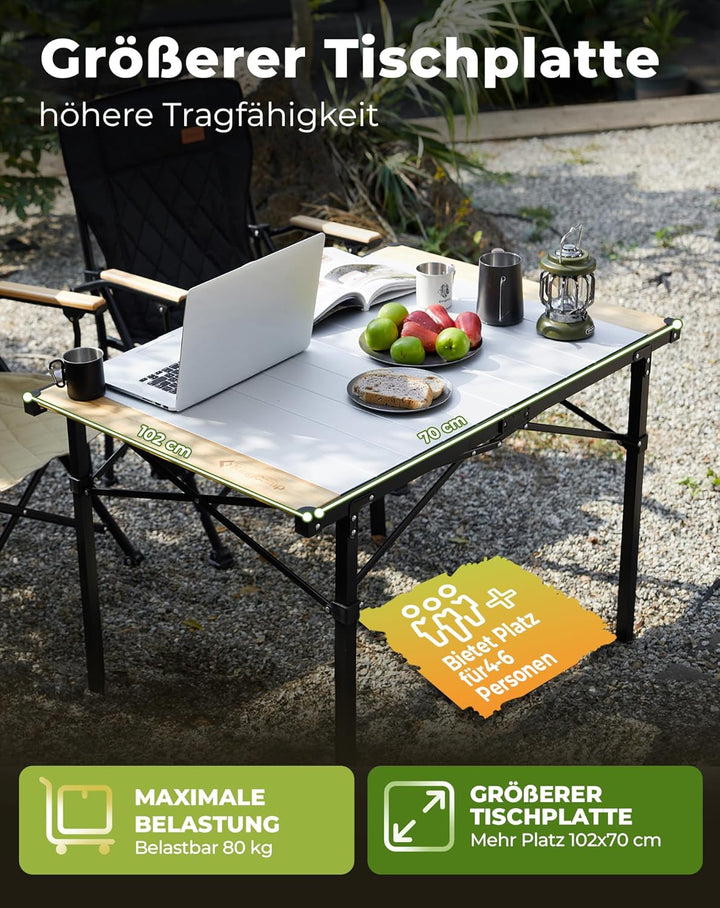 KingCamp Campingtisch klappbar Klapptisch mit Aluminiumrahmen Aufrollbare Tischplatte für 4-8 Person