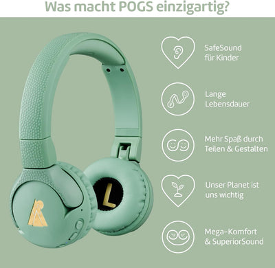 POGS Bluetooth Kopfhörer Kinder | The Gecko | Faltbare robuste Kinder Kopfhörer ab 3 Jahren mit Laut
