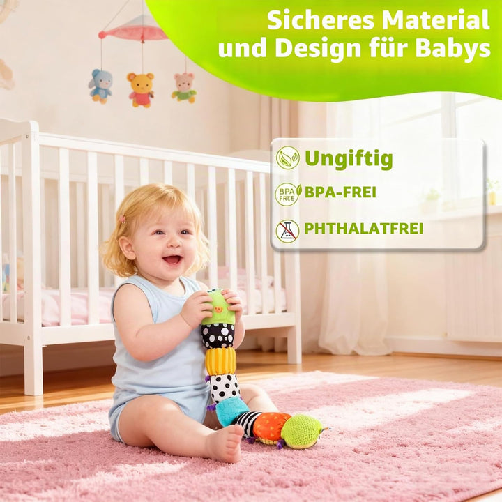 Baby Raupe Spielzeug 0-12 Monate, Musik Plüsch Bauchlage Spielzeug mit Rassel Knisterei Quietsche &