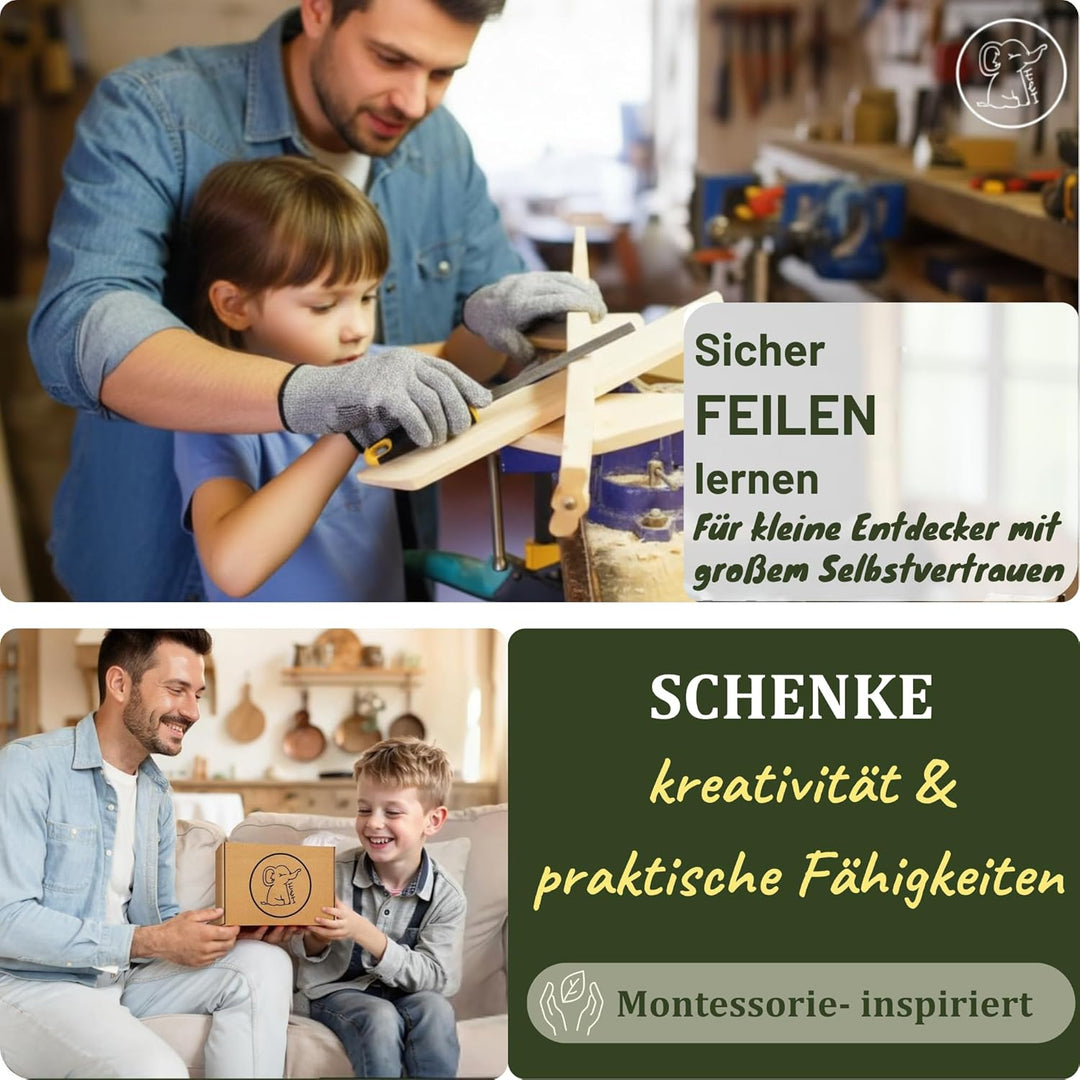 Eli® Werkzeug für Kinder inkl Schutzhandschuhe - Holzraspel - Säge - Hammer - Werkzeuge für Holz - r