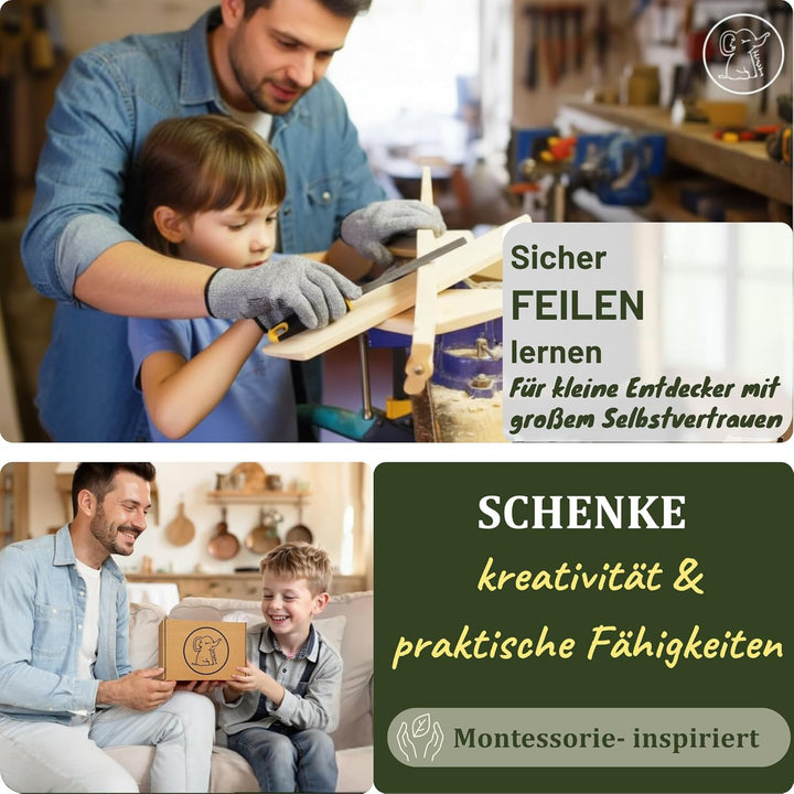 Eli® Werkzeug für Kinder inkl Schutzhandschuhe - Holzraspel - Säge - Hammer - Werkzeuge für Holz - r