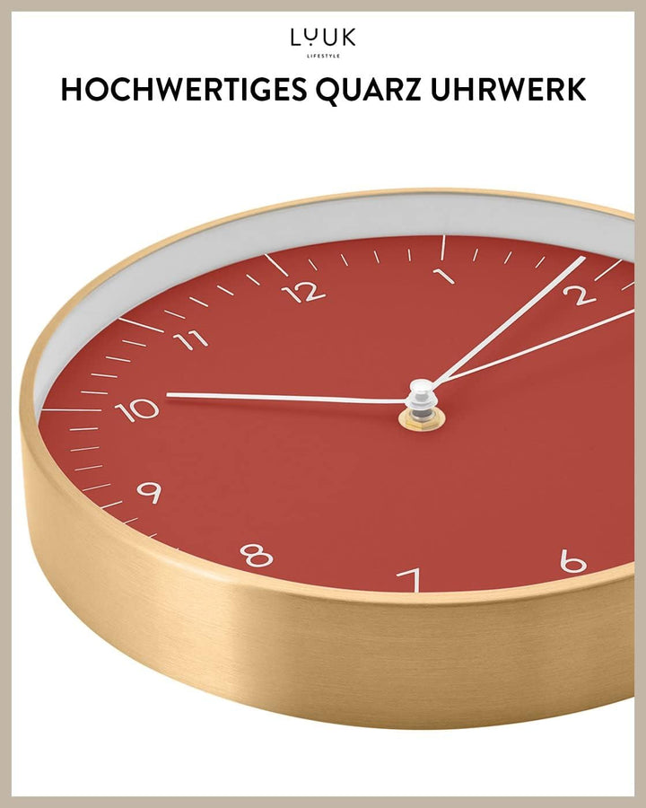 LUUK LIFESTYLE Moderne Quarz Wanduhr, Geräuschlos, 24,8cm, Rot &amp; Gold | mit Sekundenzeiger, schlicht