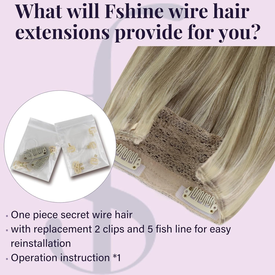 Fshine Draht on Extension Echthaar Hairpiece 40CM Highlight Goldblond Mit Hellblond 80 Gramm Fish Li