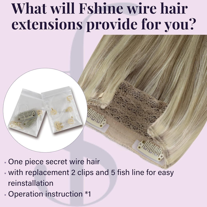 Fshine Draht on Extension Echthaar Hairpiece 40CM Highlight Goldblond Mit Hellblond 80 Gramm Fish Li