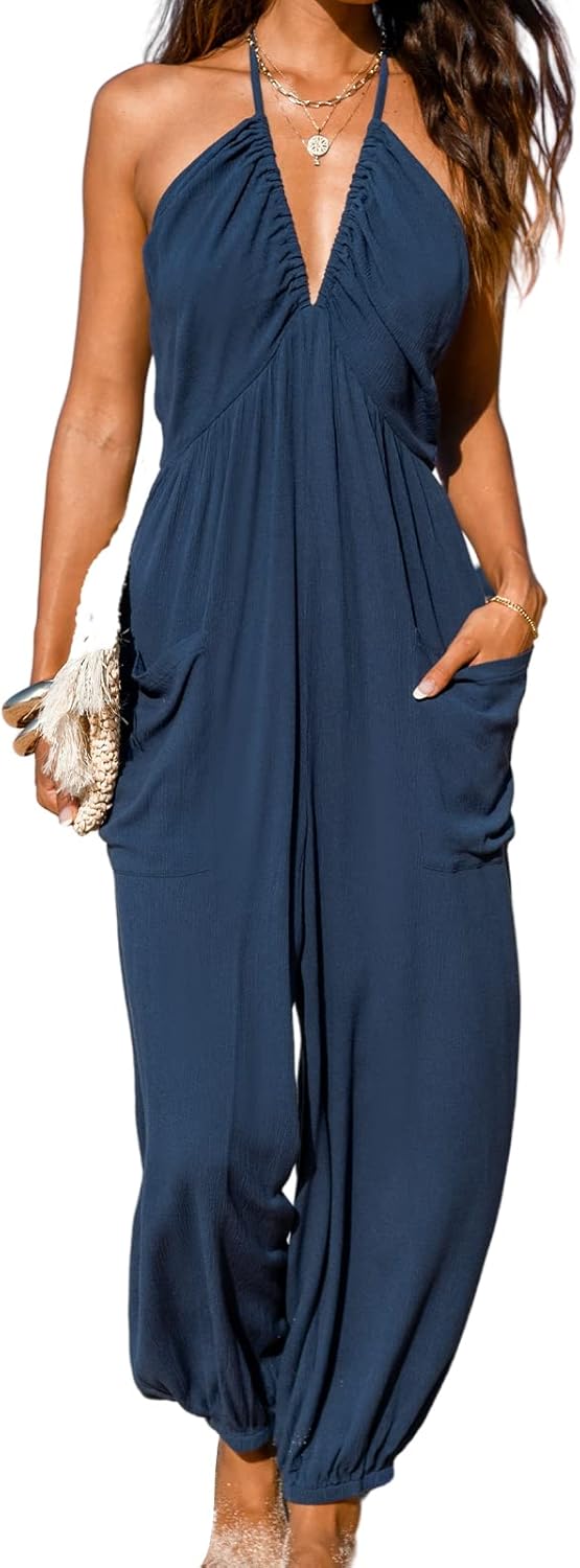 CUPSHE Damen Jumpsuit Neckholder Tiefer V Ausschnitt Rückenfrei Ärmellos Lang Weites Bein Overall Ho