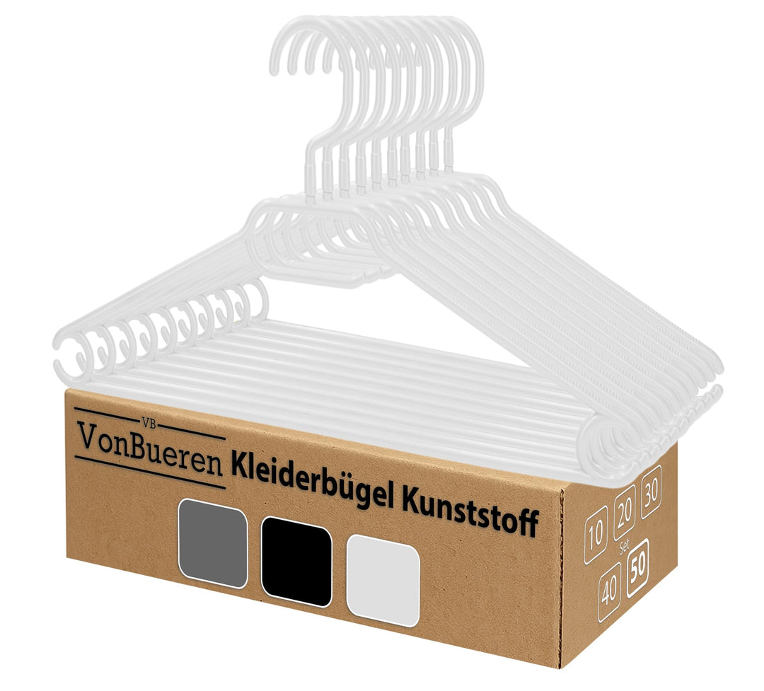 50 x Kleiderbügel weiss Plastik VonBueren | mit 360° Drehhaken | platzsparend | 100% Recyclingkunsts