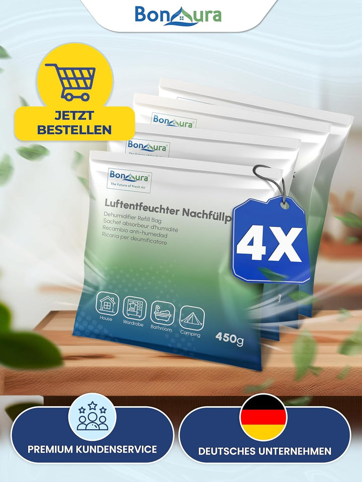 BonAura® Luftentfeuchter Nachfüllpack 4x 450g - Sparset Luftentfeuchter Granulat - 4er Set Entfeucht