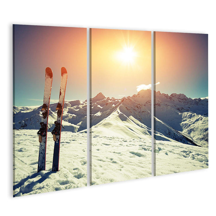 islandburner Bild auf Leinwand Ski Im Schnee Im Gebirge Bilder Wandbilder Poster 130x80cm - 3 Teile,