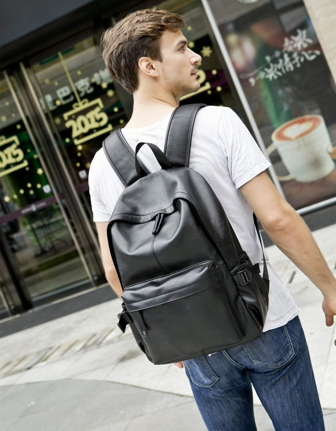 BAOSHA BP-08 TOP Laptop-Rucksack aus PU-Leder, Schul-Rucksack, Tasche, schwarz